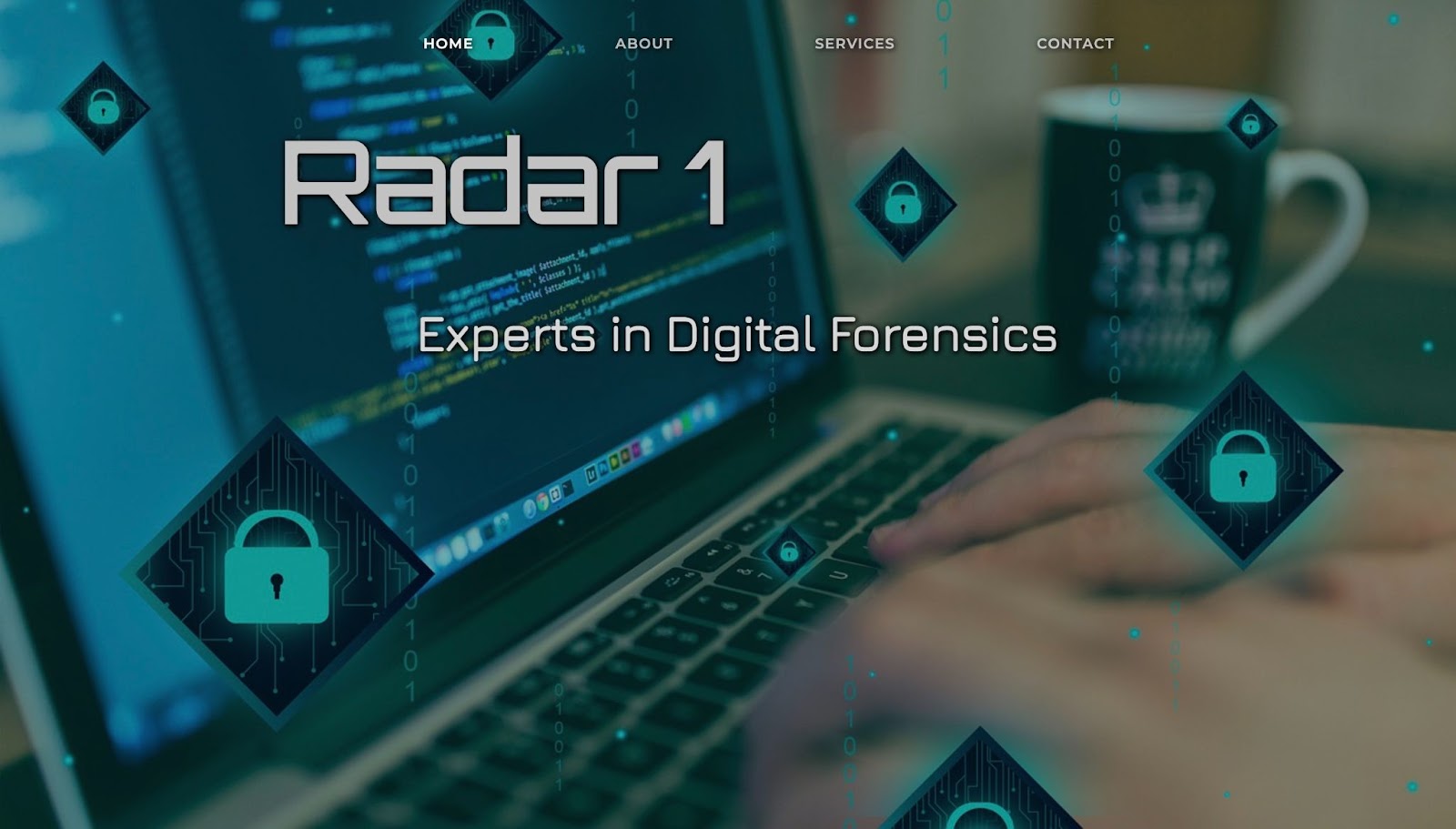 A cybersecurity company homepge with an image of hands typing on a computer behind the name "Radar 1"