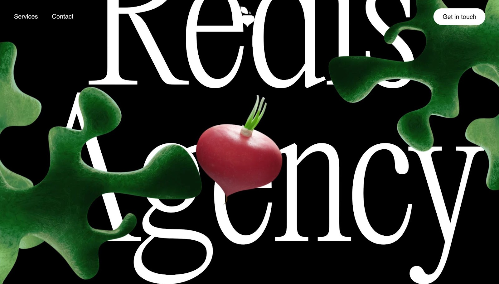 The Redis Agency homepage featuring a turnip floating amongst abstract green leaves.