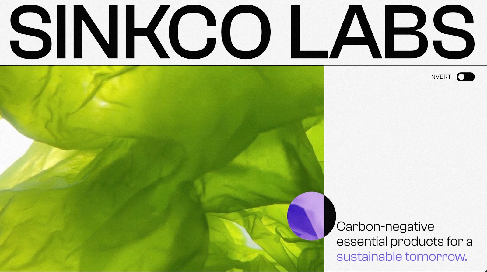 The Sinkco Labs homepage featuring abstract green imagery over a grey site page and purple san serif type.