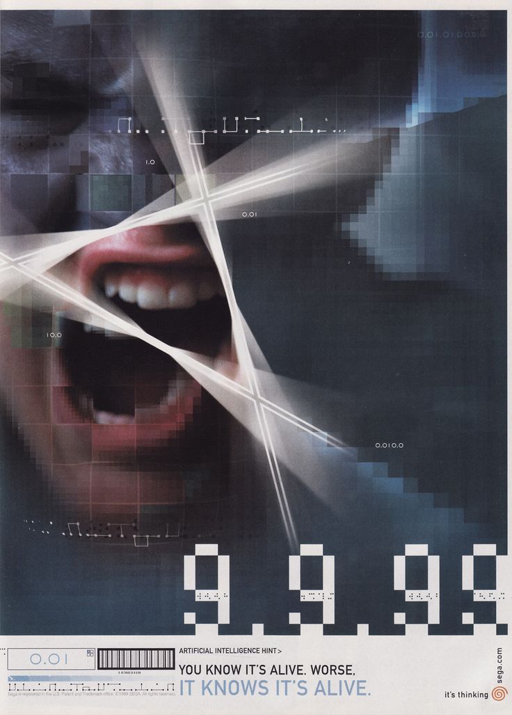 A Dreamcast ad featuring a mouth with teeth exposed distorted alongside pixelated imagery.