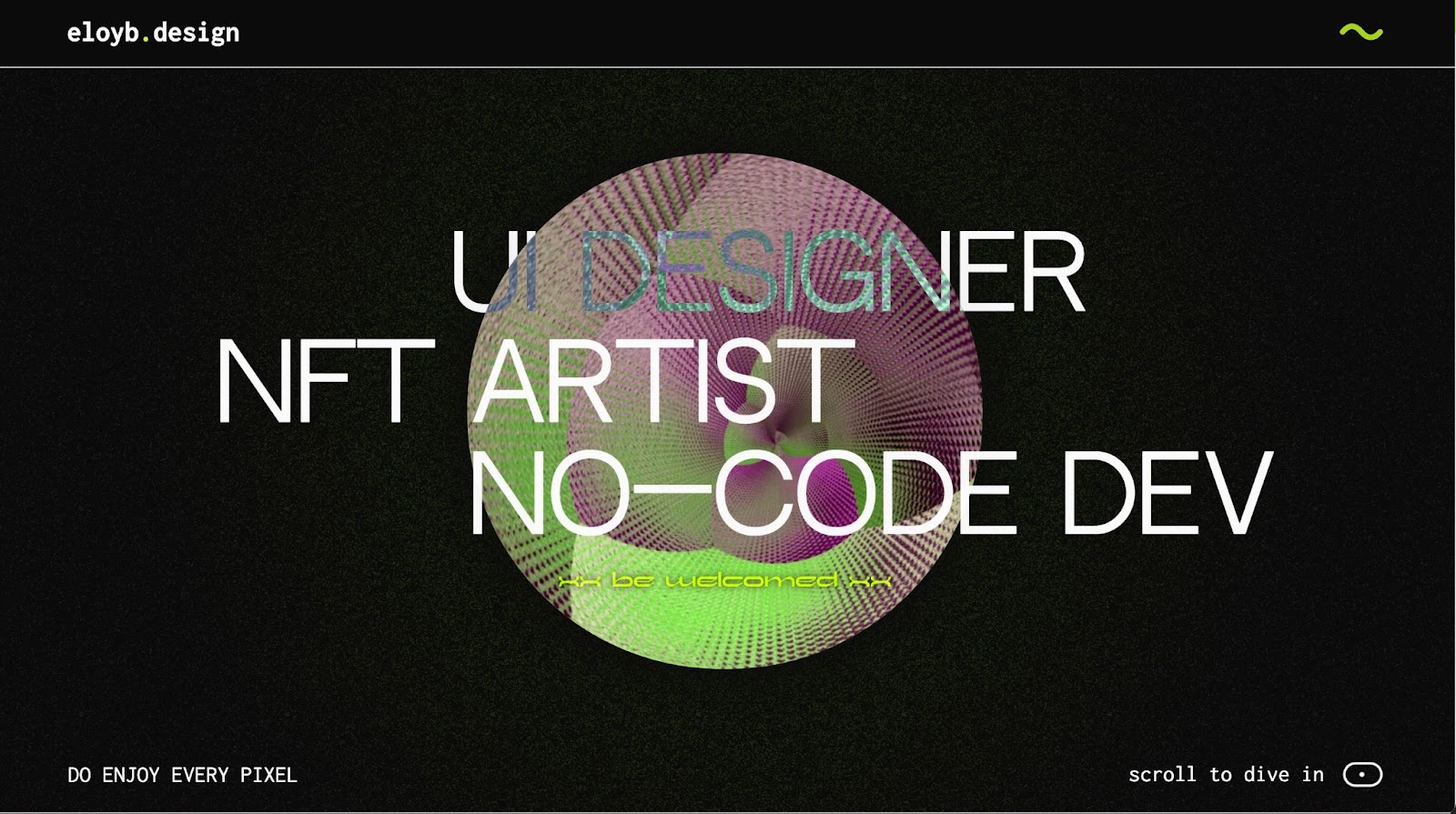 A black site page from eloyb.design with "UI designer, nft artist, no-code deb" in capitalized white typeface over a multicolored retro circle shape.t