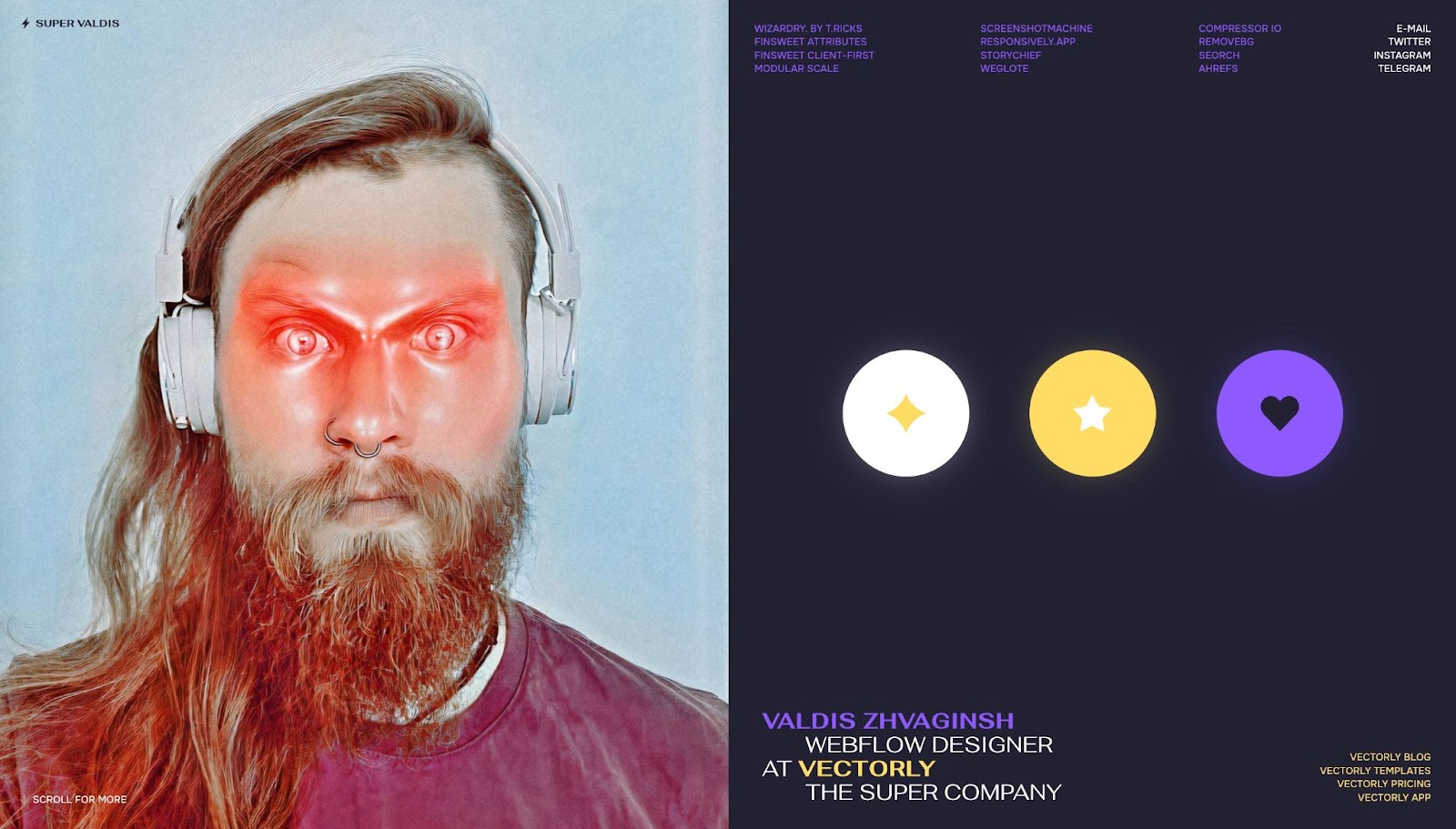 Valdis Zhvaginsh‘s portfolio site. On the left is an image of Vladis with edited red eyes. On the right is are three circle icons and a header with quick links in purple.