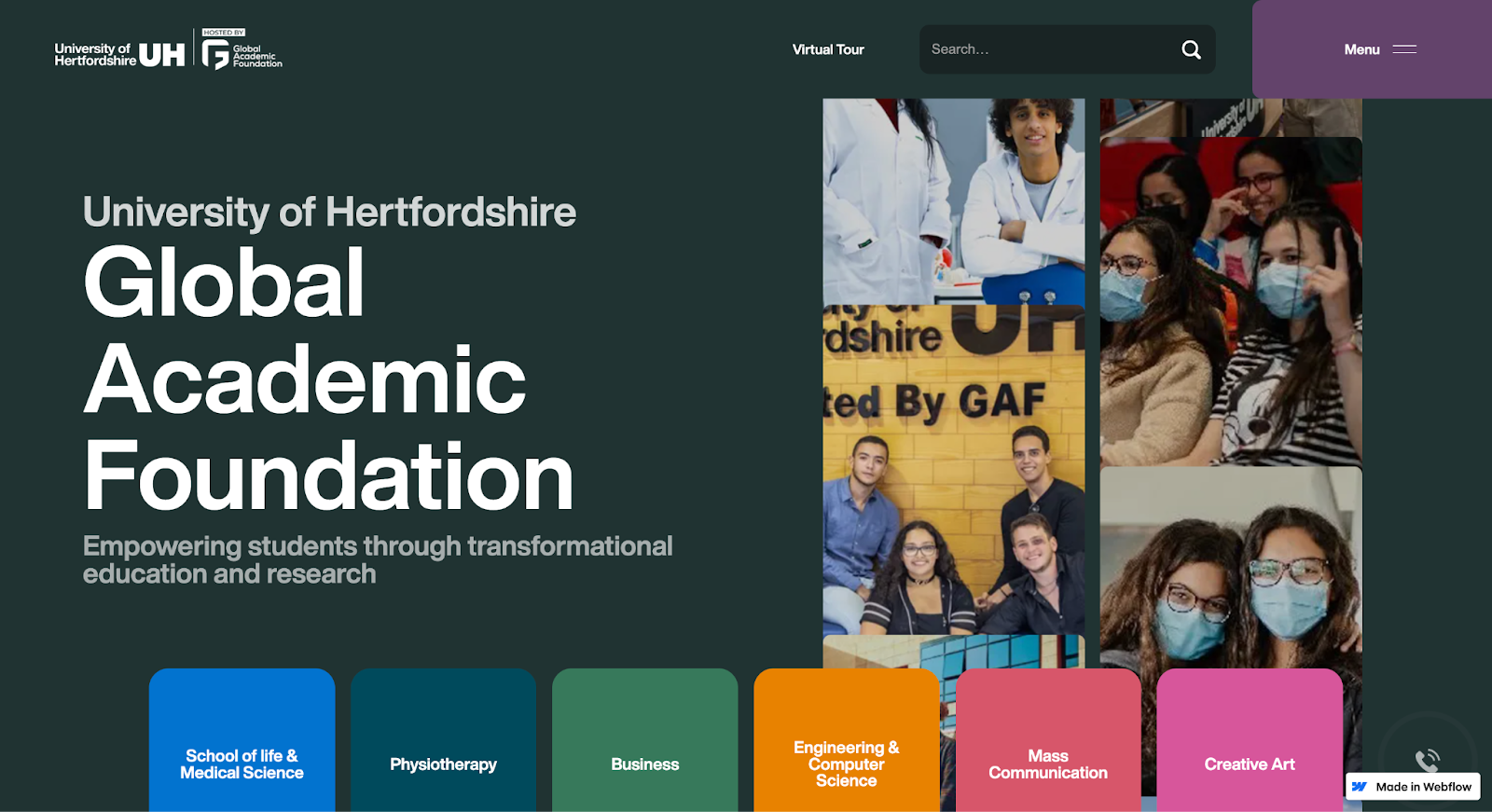 A screenshot of a website homepage with dark green background and the text “University of Hertfordshire’s Global Academic Foundation,” images, and course programs.