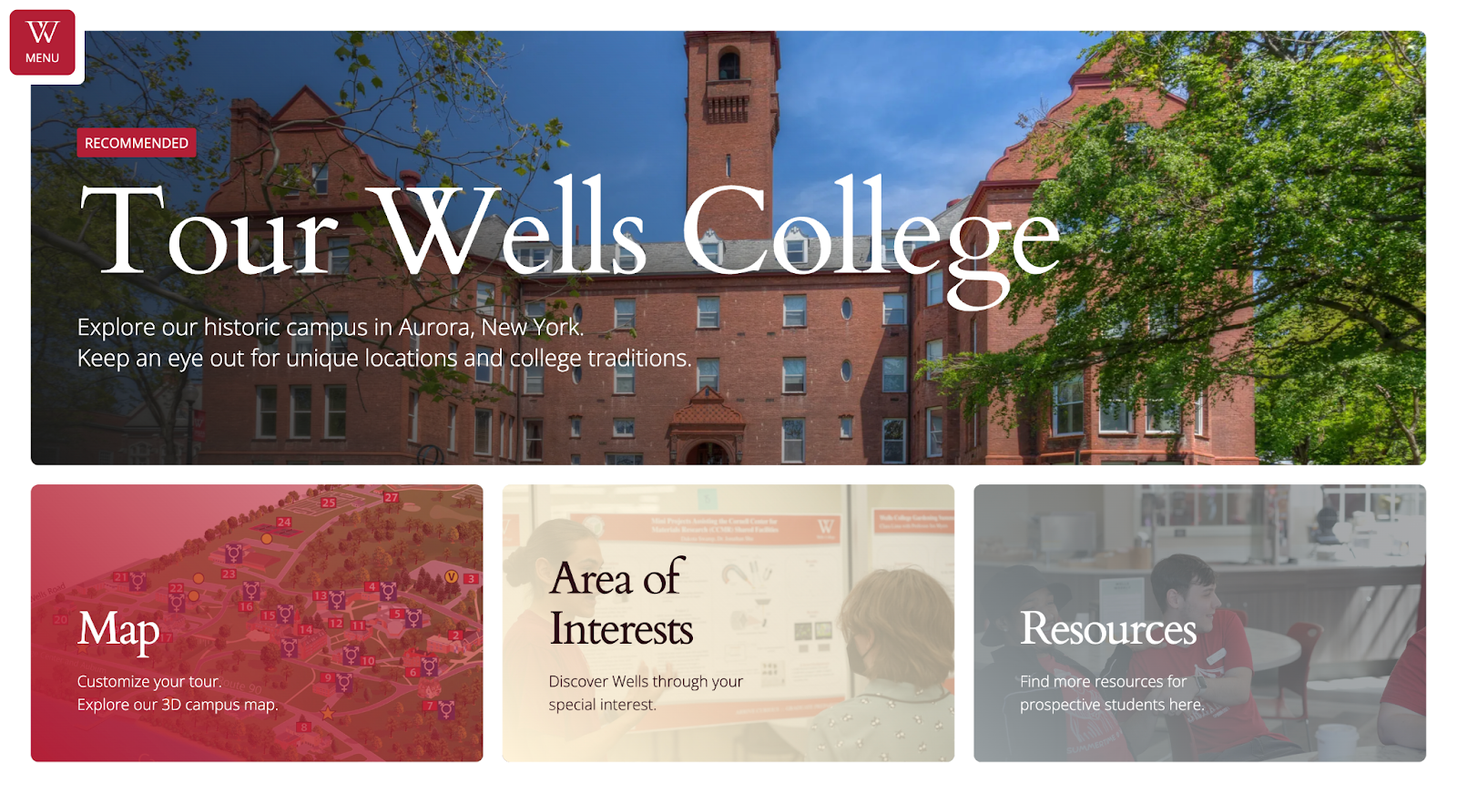 Wells College’s website showing UI cards to highlight its virtual tour, map, areas of interest, and resources.