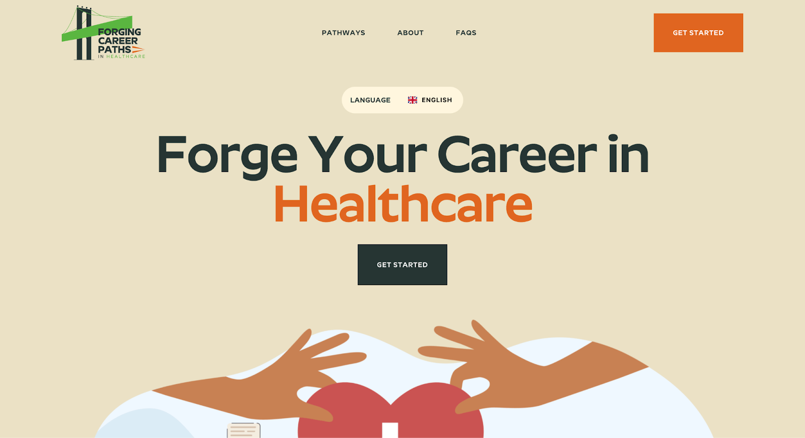 A screenshot of Brooklyn College’s website showing a sand-colored background and the text “Forge Your Career in Healthcare” above an illustration.