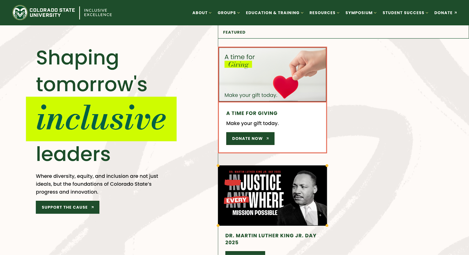 A screenshot of Colorado Sate University’s website showing a green and beige background with the text “Shaping tomorrow’s inclusive readers” on the left and featured events on the right.