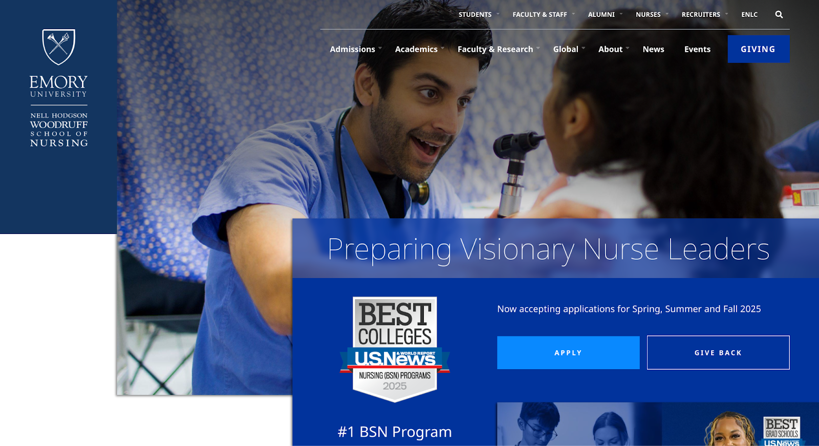 An screenshot of Emory University’s website homepage with a nurse tending to a patient and a blue overlay that has a headline, award badges, and CTA buttons.