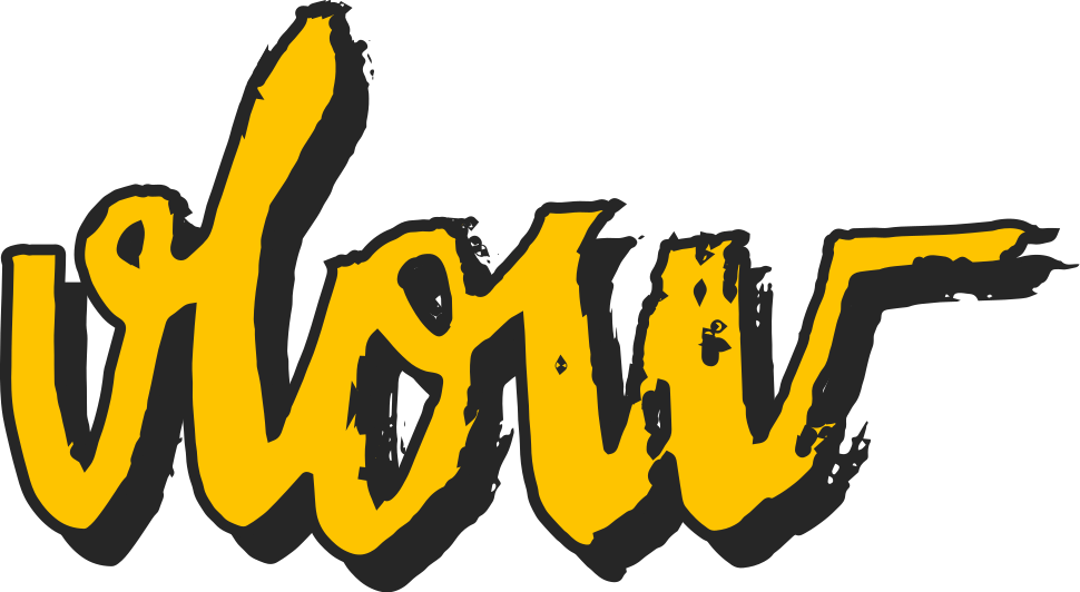 Vlow logotype in yellow and black font.