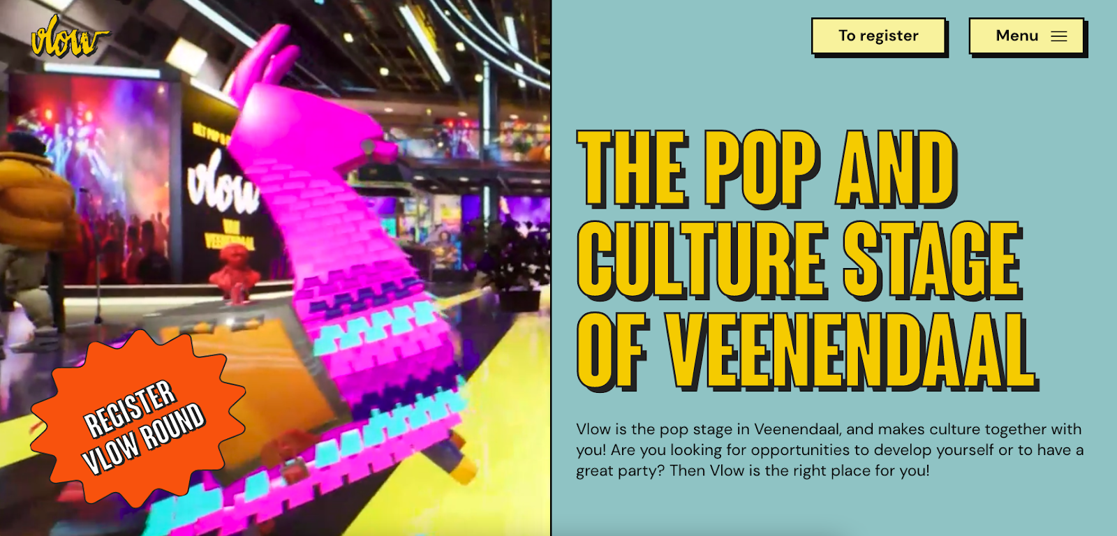Brightly colored split-screen website homepage advertising the services of a Dutch events company.