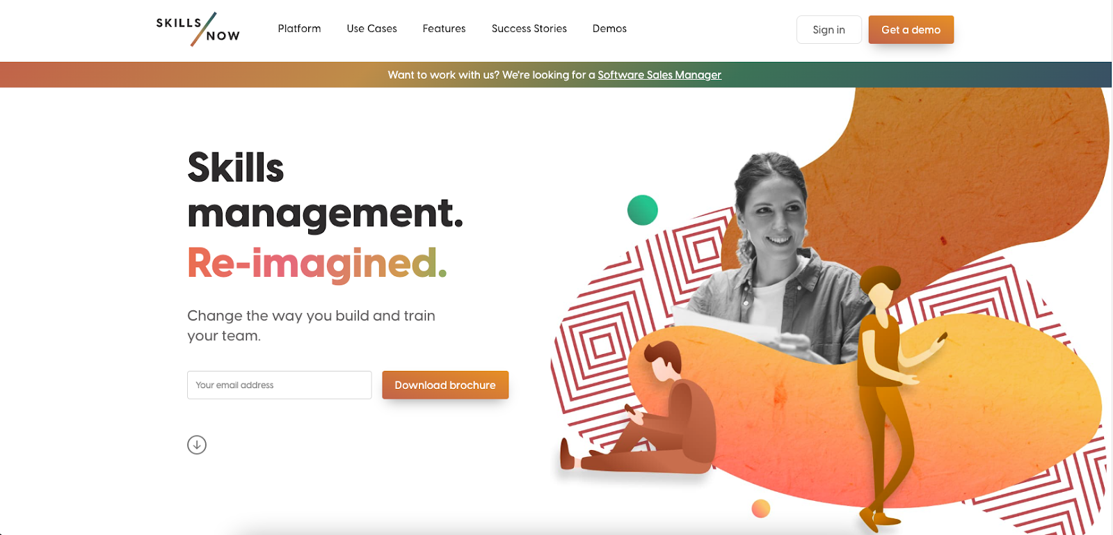 Human resources landing page featuring a black-and-white photograph of a smiling woman and an illustration of two people holding smartphones.