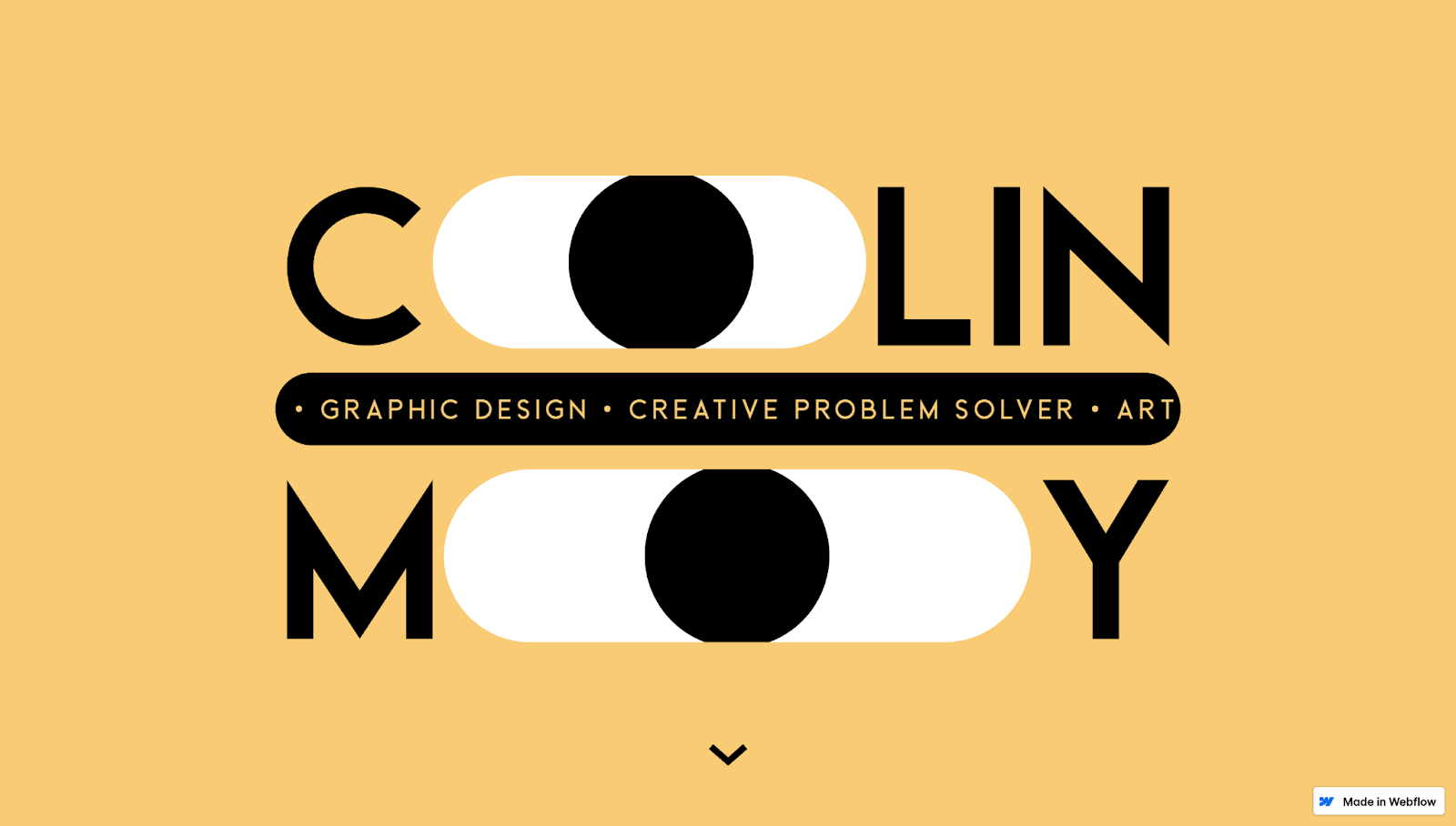 A yellow, black, and white homepage that says “Colin Moy, graphic design, creative problem solver, art” with the Os turned into eyes.