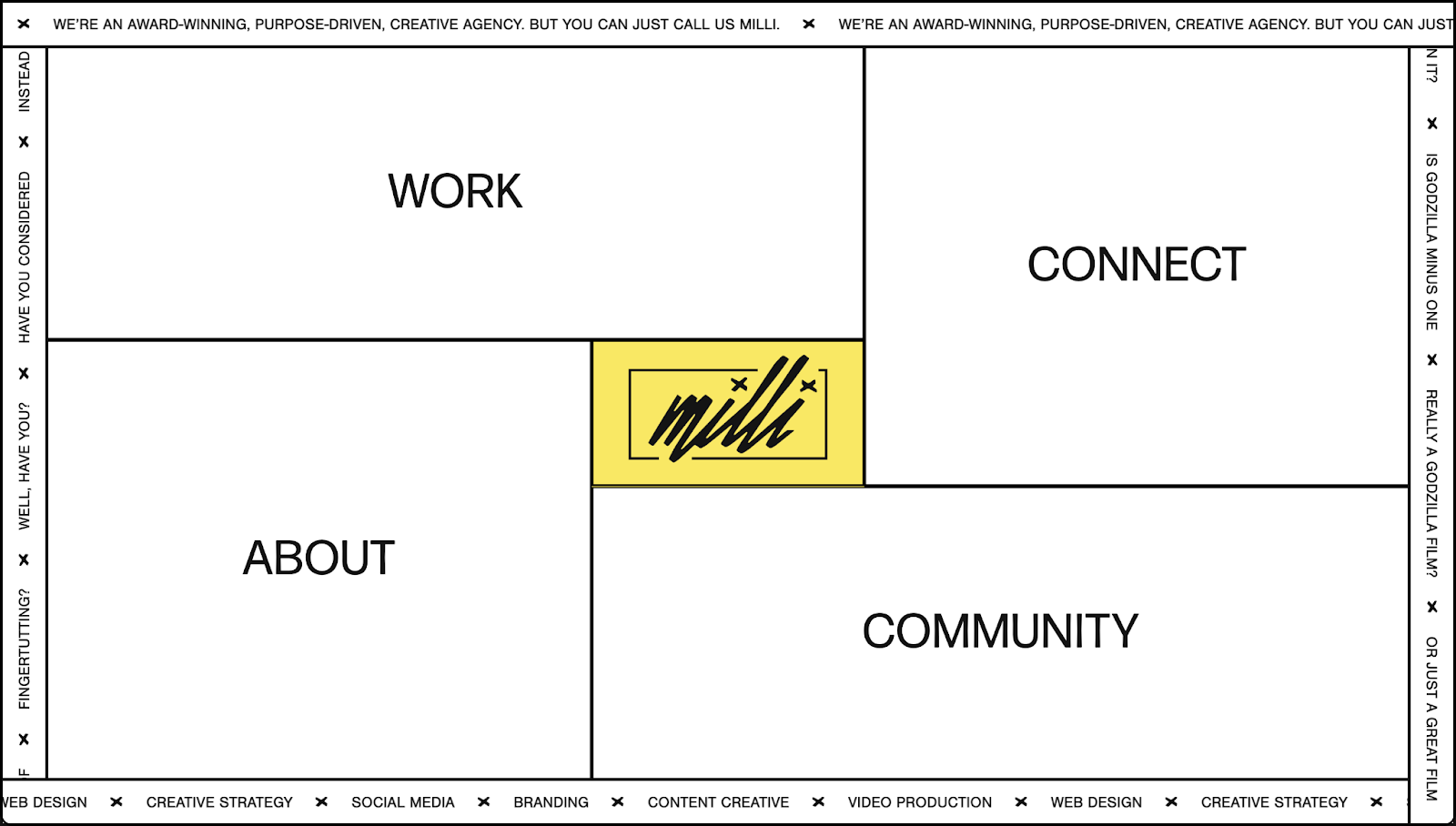 Milli’s portfolio uses interconnected rectangles to structure the sections “Work,” “Connect,” “About,” and “Community.”