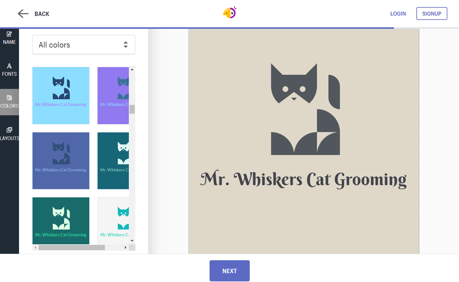 Hatchful screen grab showing a logo in progress for Mr. Whiskers Cat Grooming.