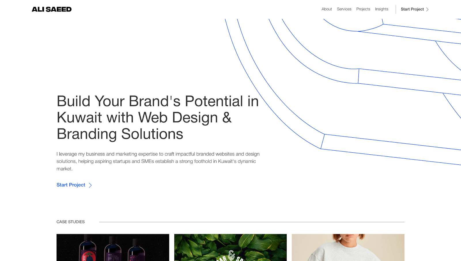 Ali Saeed’s portfolio immediately shares his location, his expertise, and what he offers clients with the text, “Build Your Brand’s Potential in Kuwait with Web Design & Branding Solutions.”