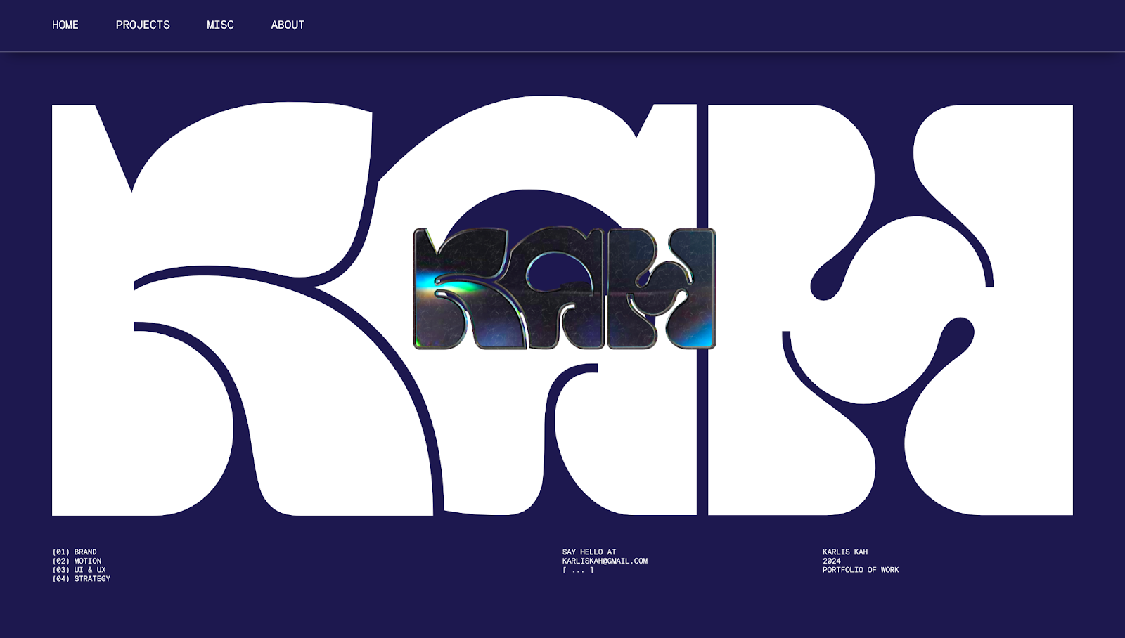 Karlis Kah’s site places KAH in white against a dark blue background to create a strong brand identity from the start.