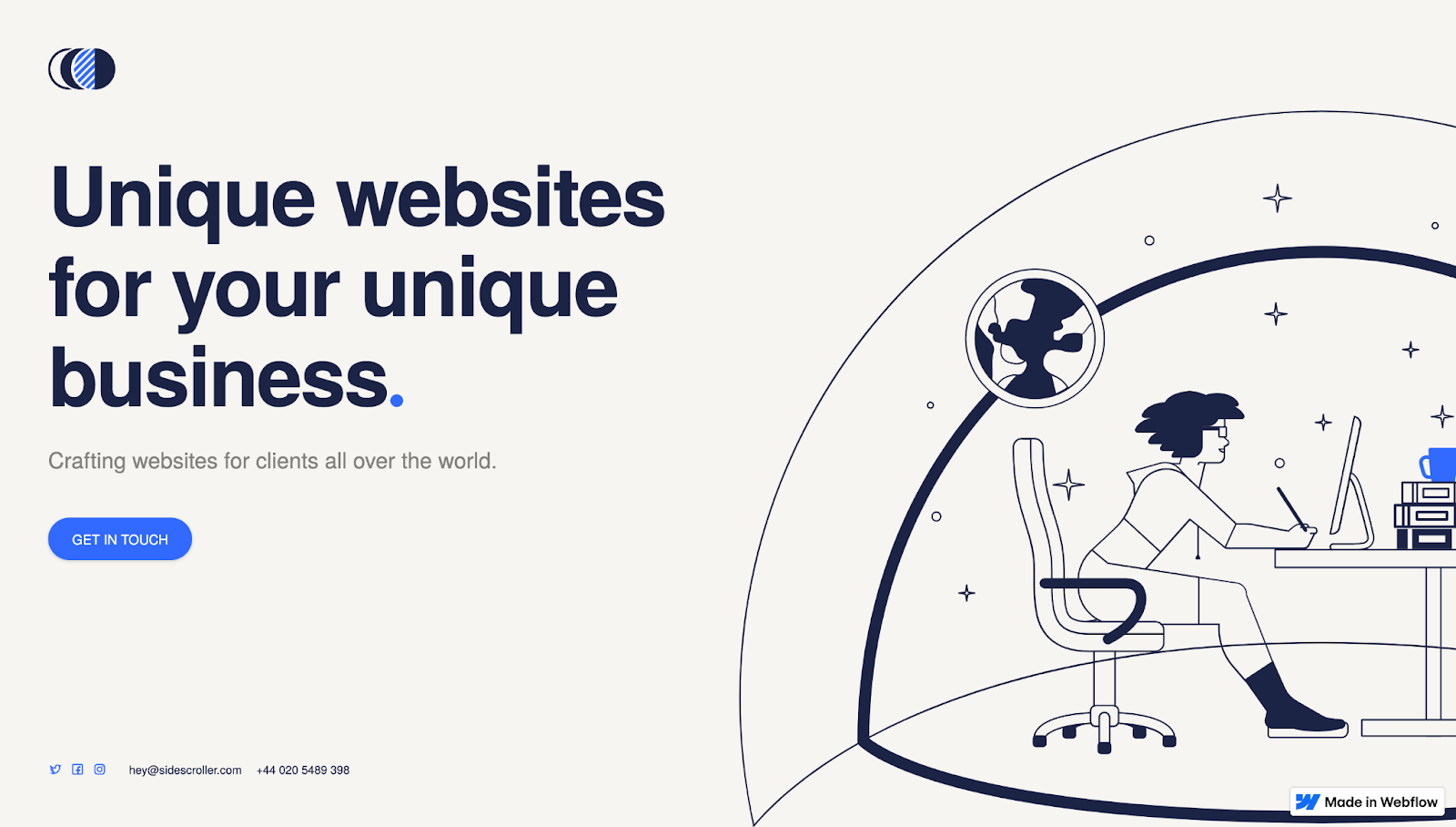 The Side Scroller web design portfolio template uses an off-white background, black text, and bold blue CTA buttons to direct viewers to the most important information.
