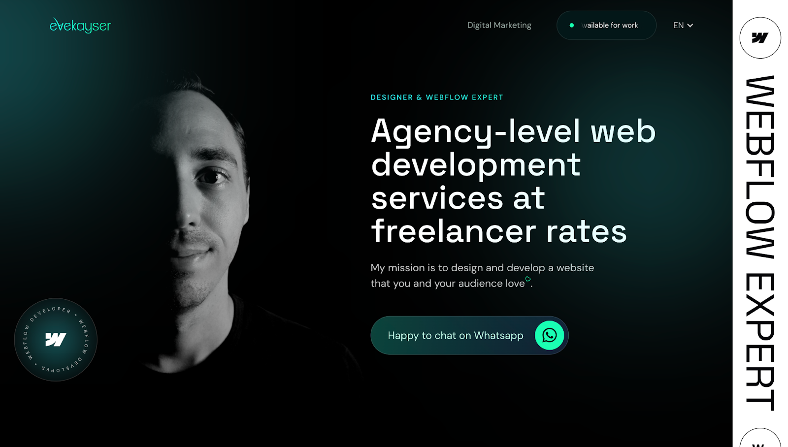 Eve Kayser’s web design portfolio uses a black, green, and white pallet and highlights the headline, “Agency-level web development services at freelancer rates.”