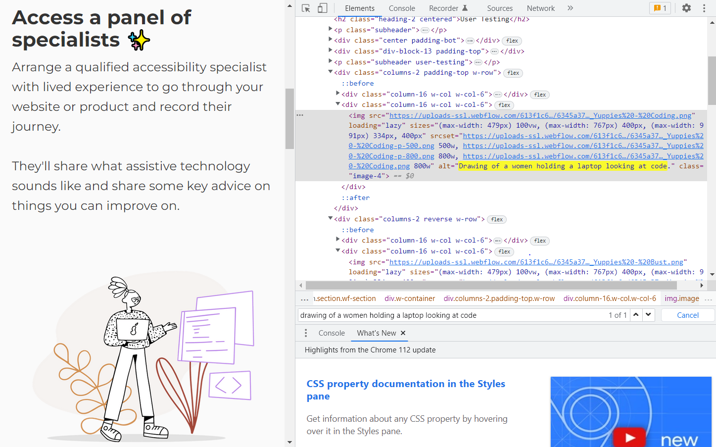 Webpage with the inspect panel open showing alt text for an image.