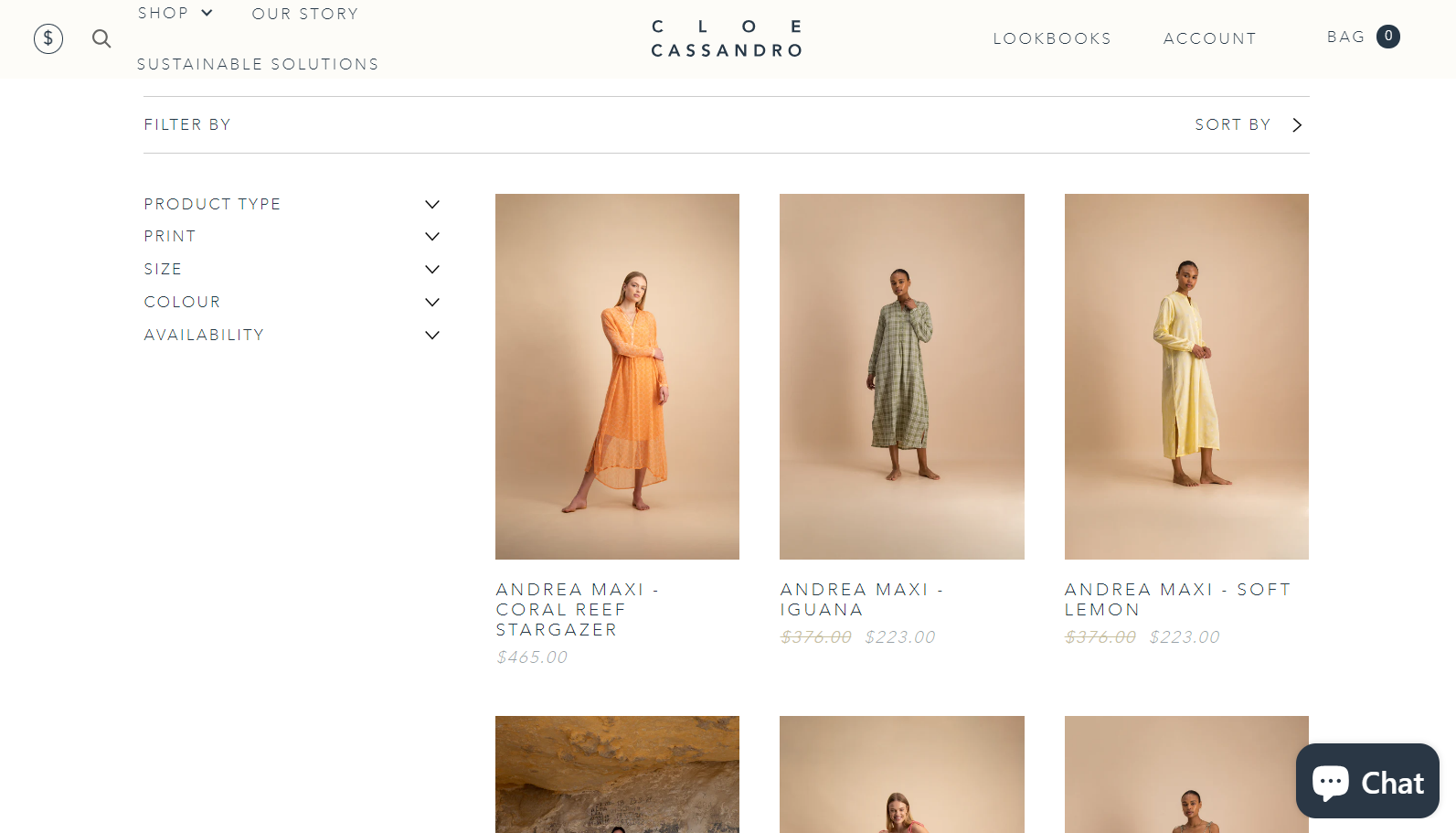 Cloe Cassandro product listing page showing Batik clothing options.
