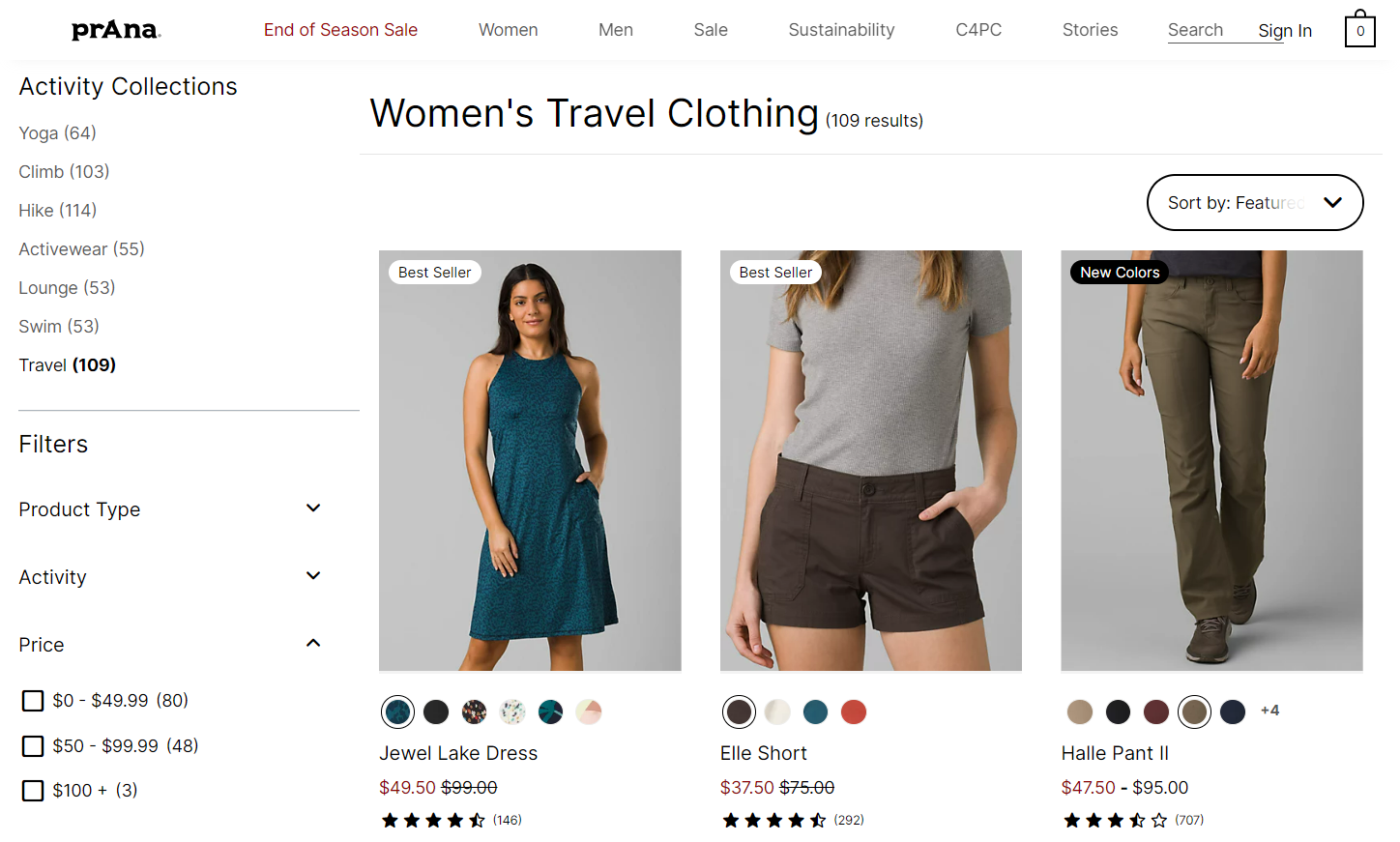 prAna product listing page for women’s travel clothing.