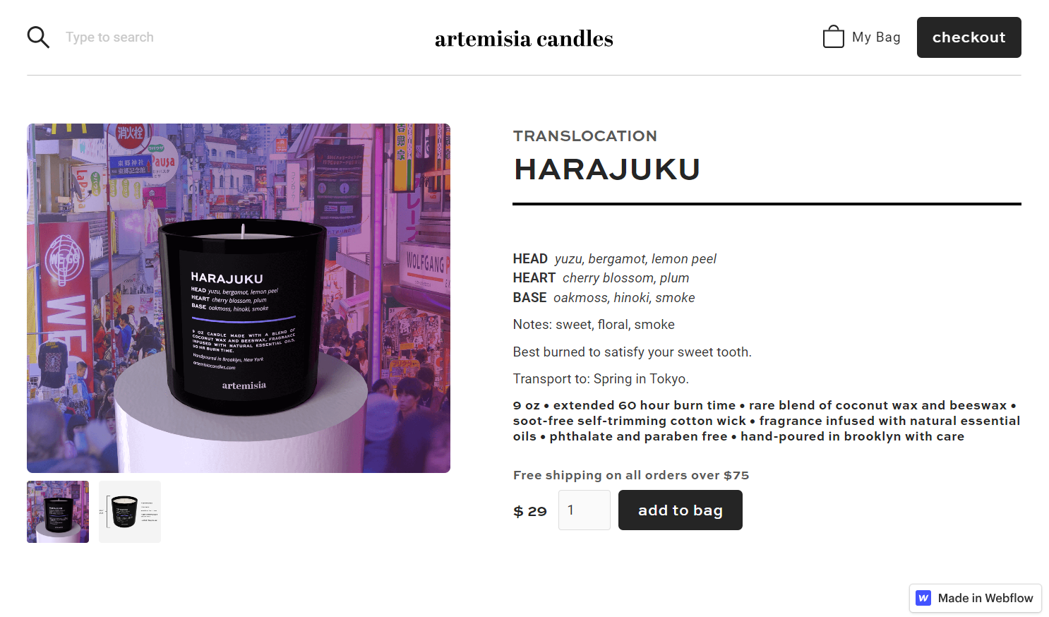 Artemisia product description page of their Harajuku scented candle showing the product’s name, description, and price.