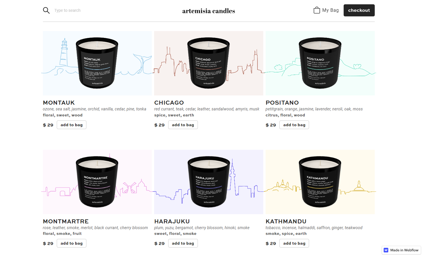Scented candle product listing page showing six candles in a 2-by-3 grid