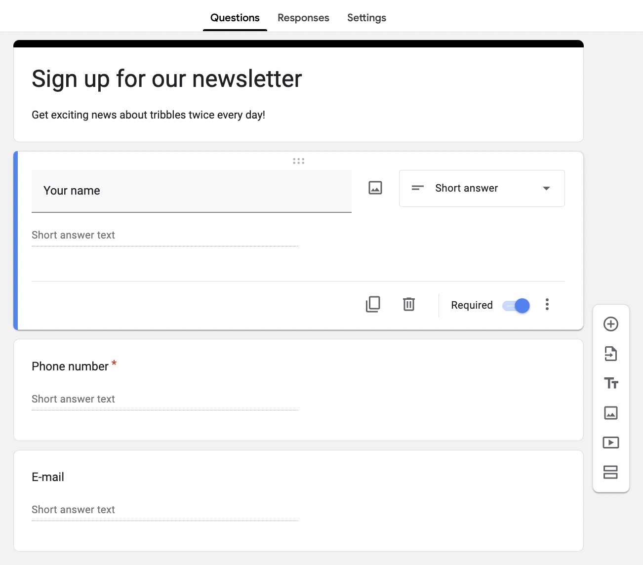 An image of an example of building form fields in Google Forms