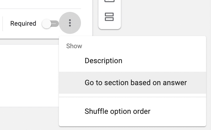 An example of different settings you can add in the form. Here the picture is showing the option to bring a user to a certain section based on their answer.