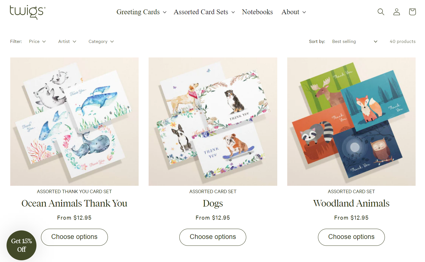 Twigs thank you cards product listing page.