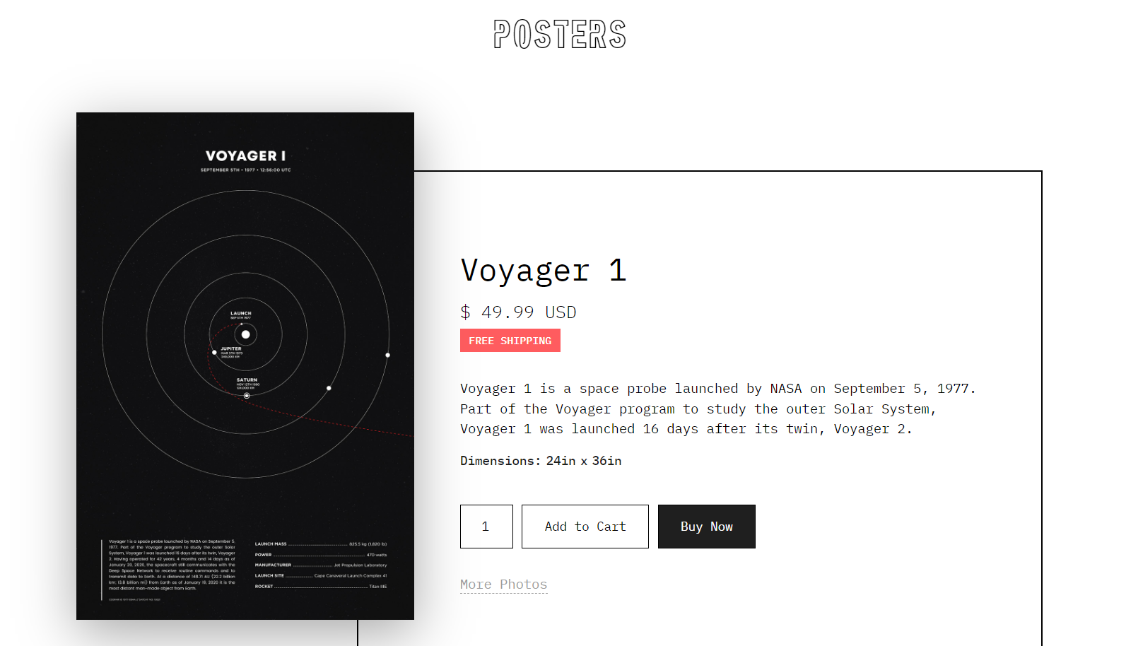 Space Posters’ product listing page displaying a Voyager 1 space poster.