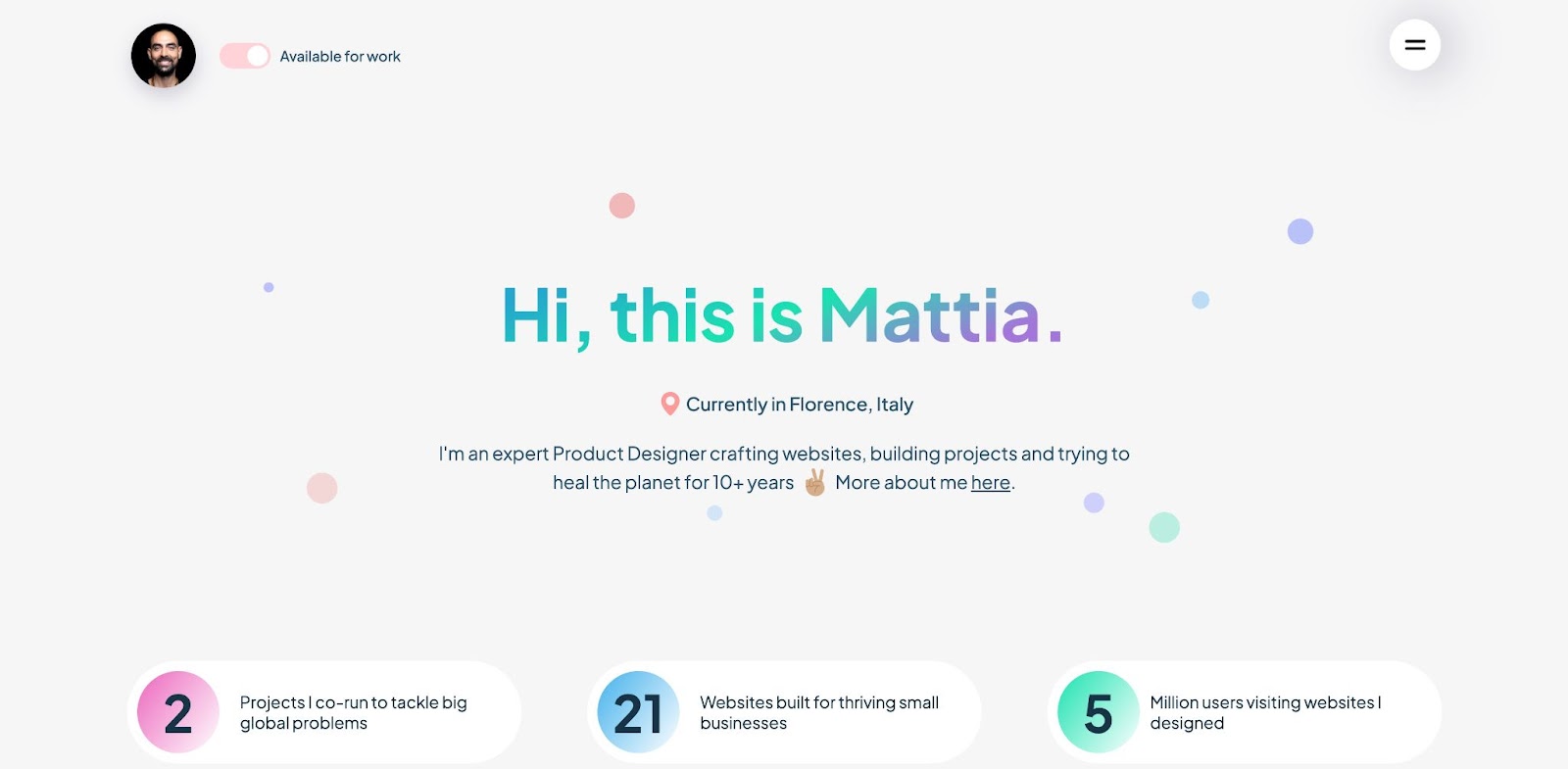 An image of Mattia Bernini's portfolio. It features whitespace, and in a gradient colored font the header reads "Hi, this is Mattia."