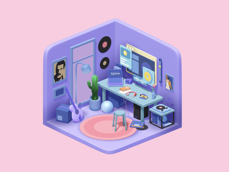 A 3D mockup of a room created by Spline.