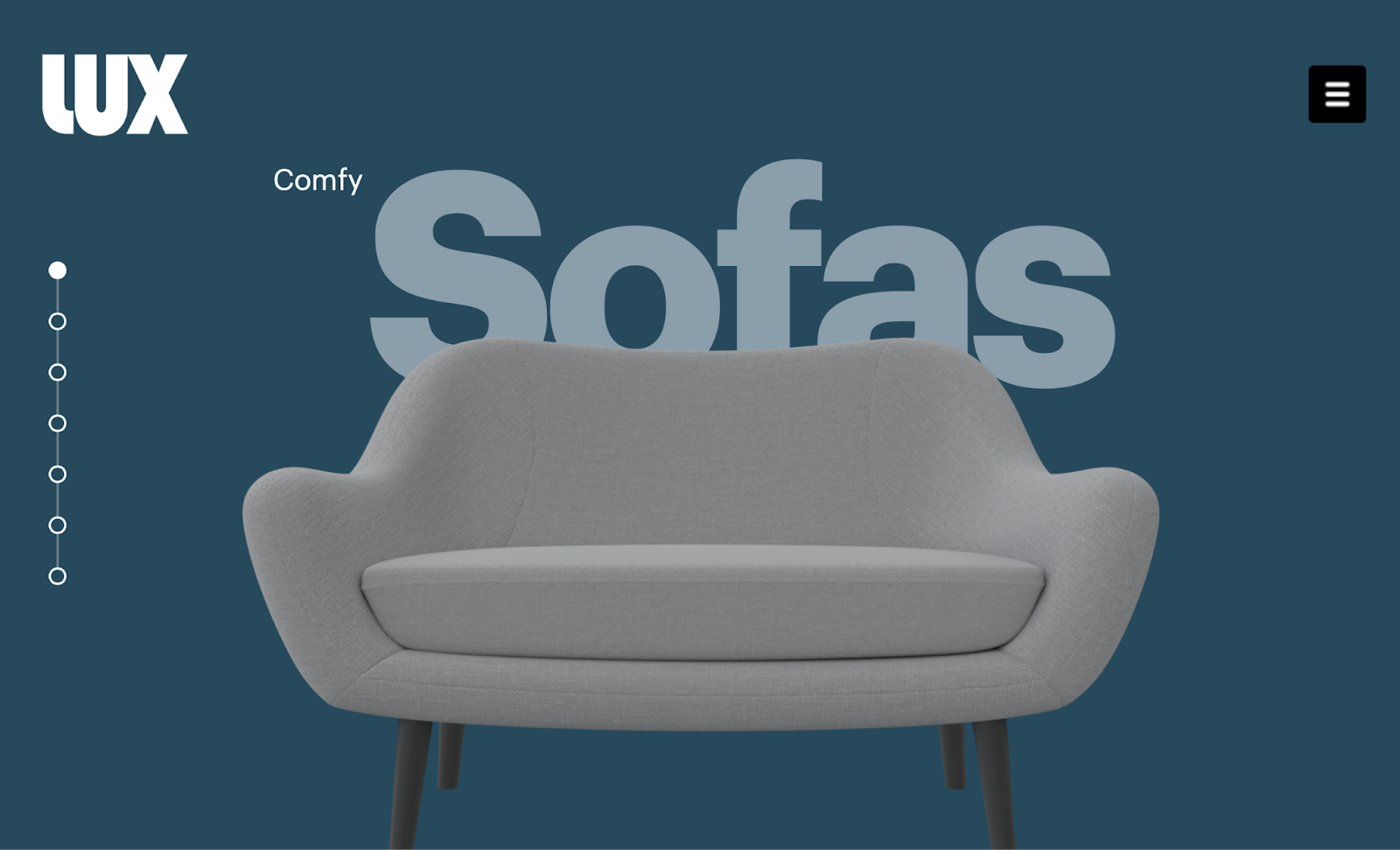 The Lux sofa website. It reads "Comfy Sofas" with an image of a 3D sofa.
