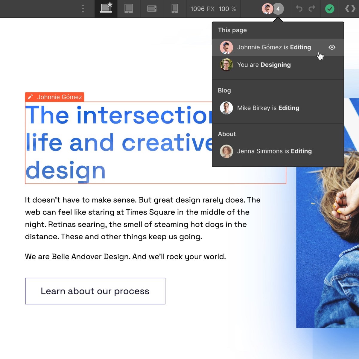 A snippet of the Webflow Designer showing the dropdown menu that appears when a user clicks on user profile icons that appear in the top menu bar. The user profile icons signal which teammates are working on pages in the project, and the drop down menu lists what each active user is doing, i.e. "Johnnie Gómez is Editing" and "You are Designing."