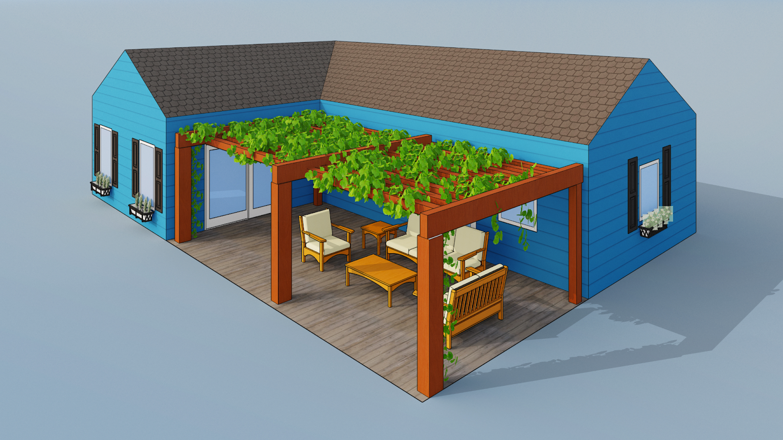 A 3D image of a blue home created by SketchUp.