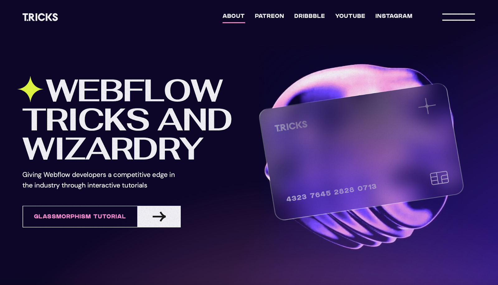 A screeshot of Timothy Rick's website. It shows a 3D credit card with the heading "Webflow Tricks and Wizardry" next to it.