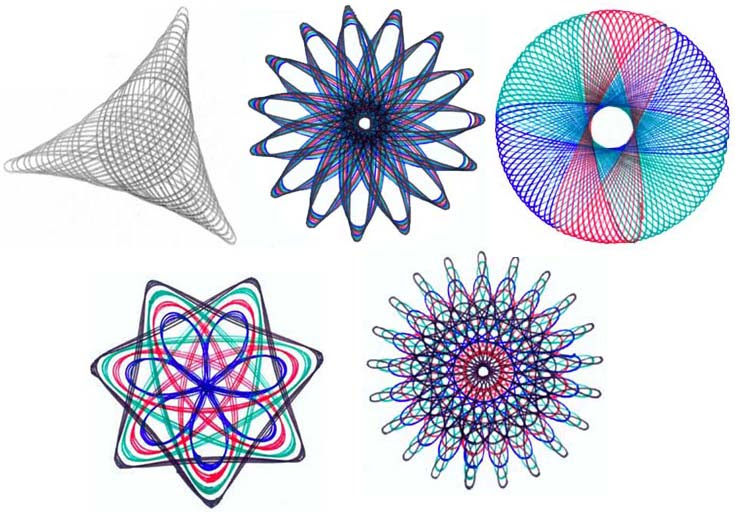 An image of patterns and shapes made by a Spirograph.