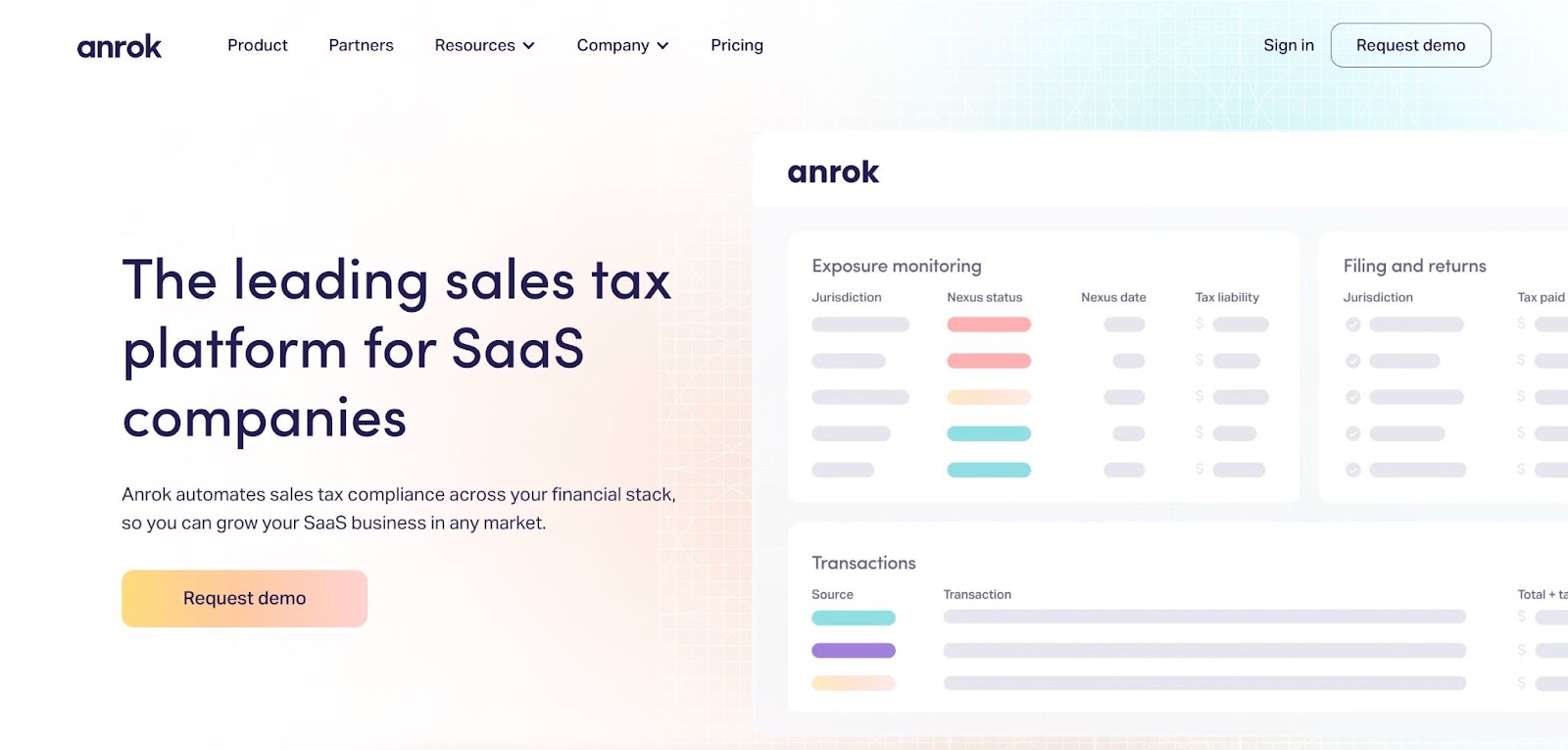 An image of Anrok's new website, built in Webflow. The header reads; "The leading sales tax platform for SaaS platforms."