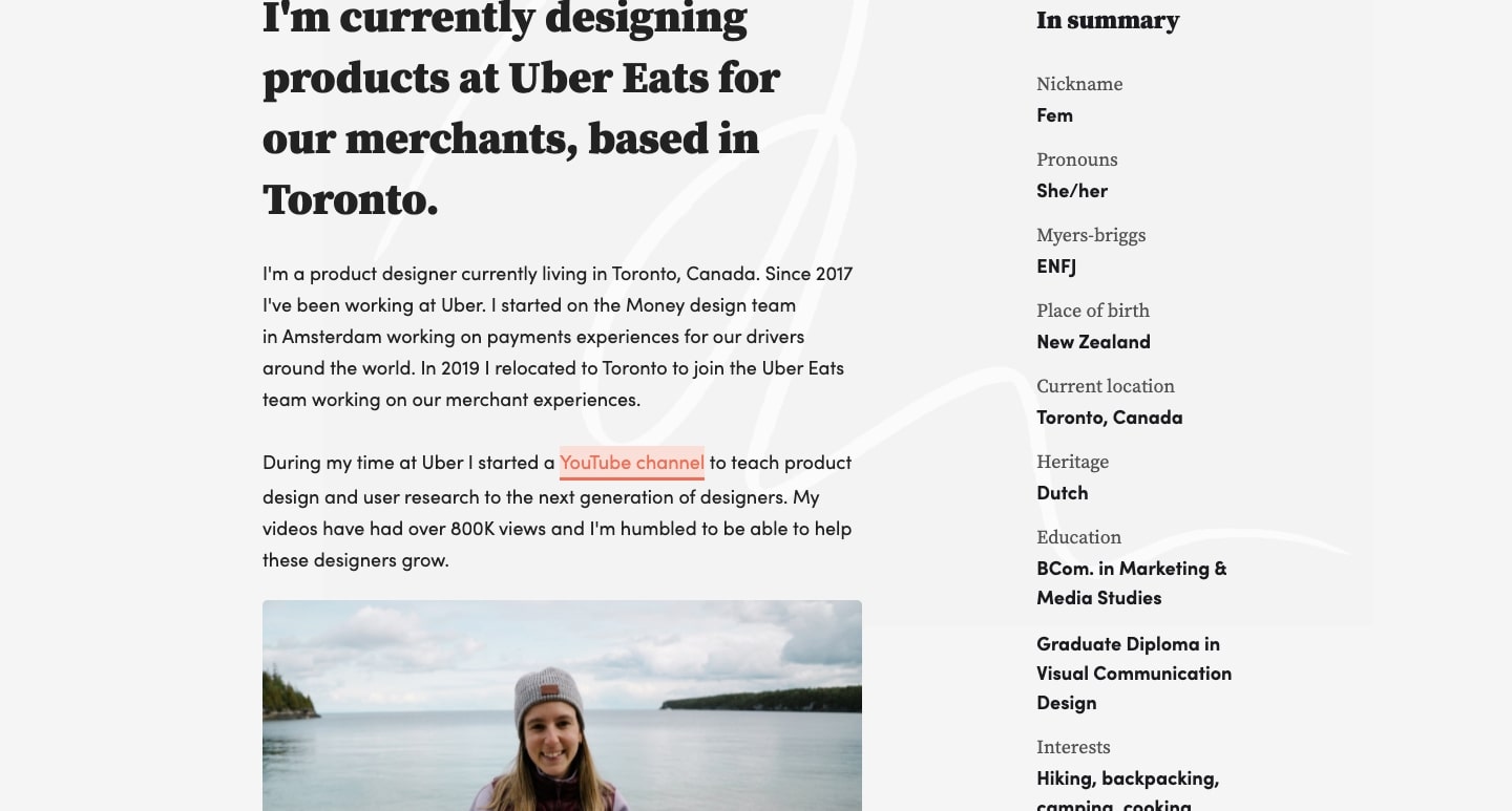 A view of Femke's "about" section on her website.