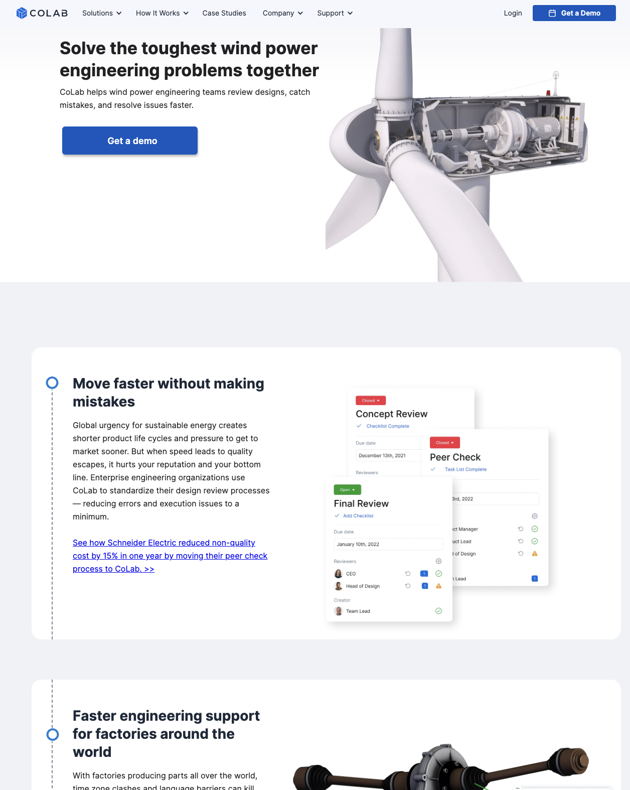 A screenshot of an ABM landing page by Colab. It features header text on the left that reads "Solve the toughest windpower engineering problems together" above a blue "Get a demo" CTA button and an image of wind power machinery on the right.