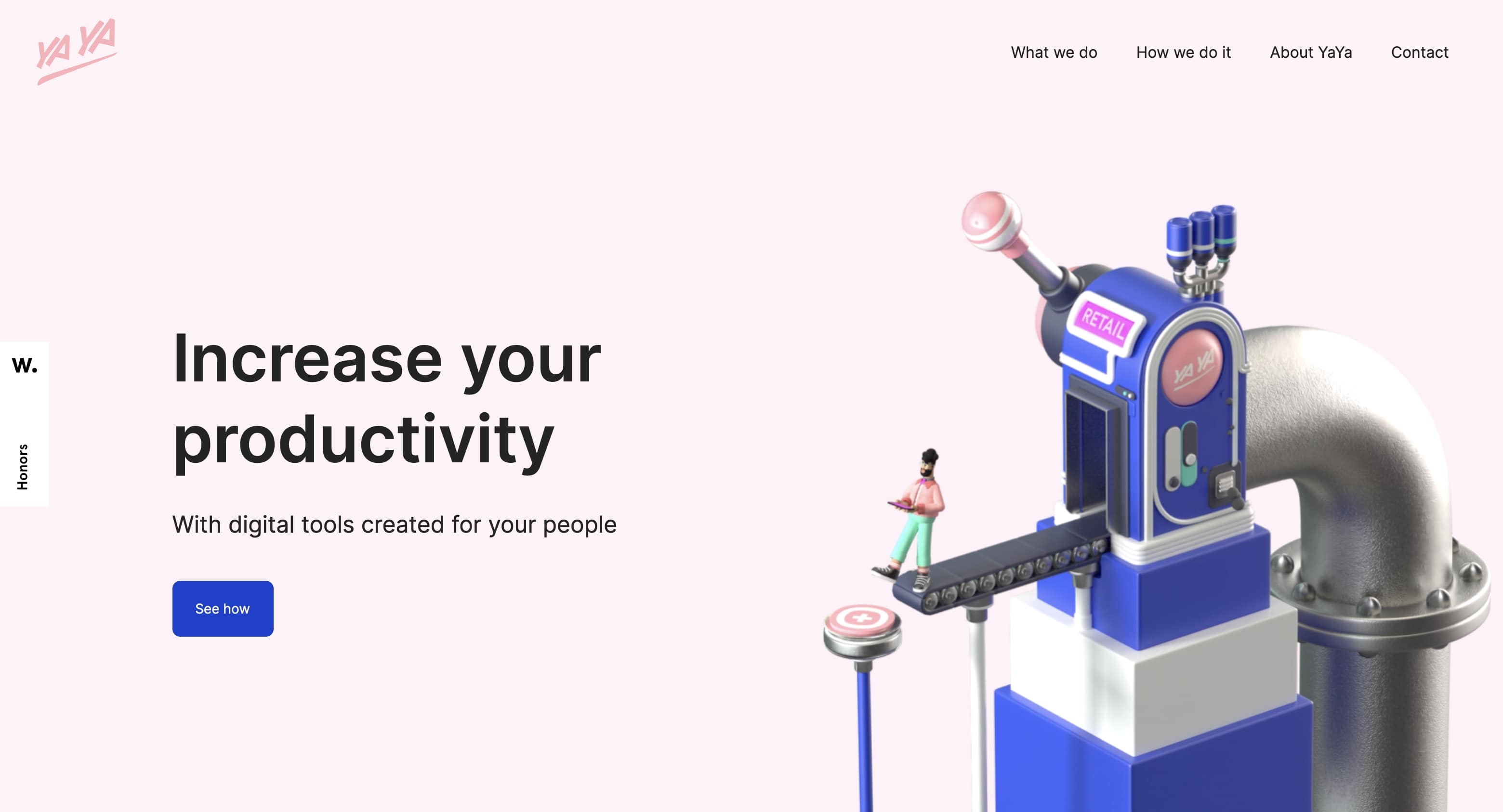 Yaya's home page hero highlights a detailed 3D illustration depicting a person interacting with a futuristic manufacturing machine.