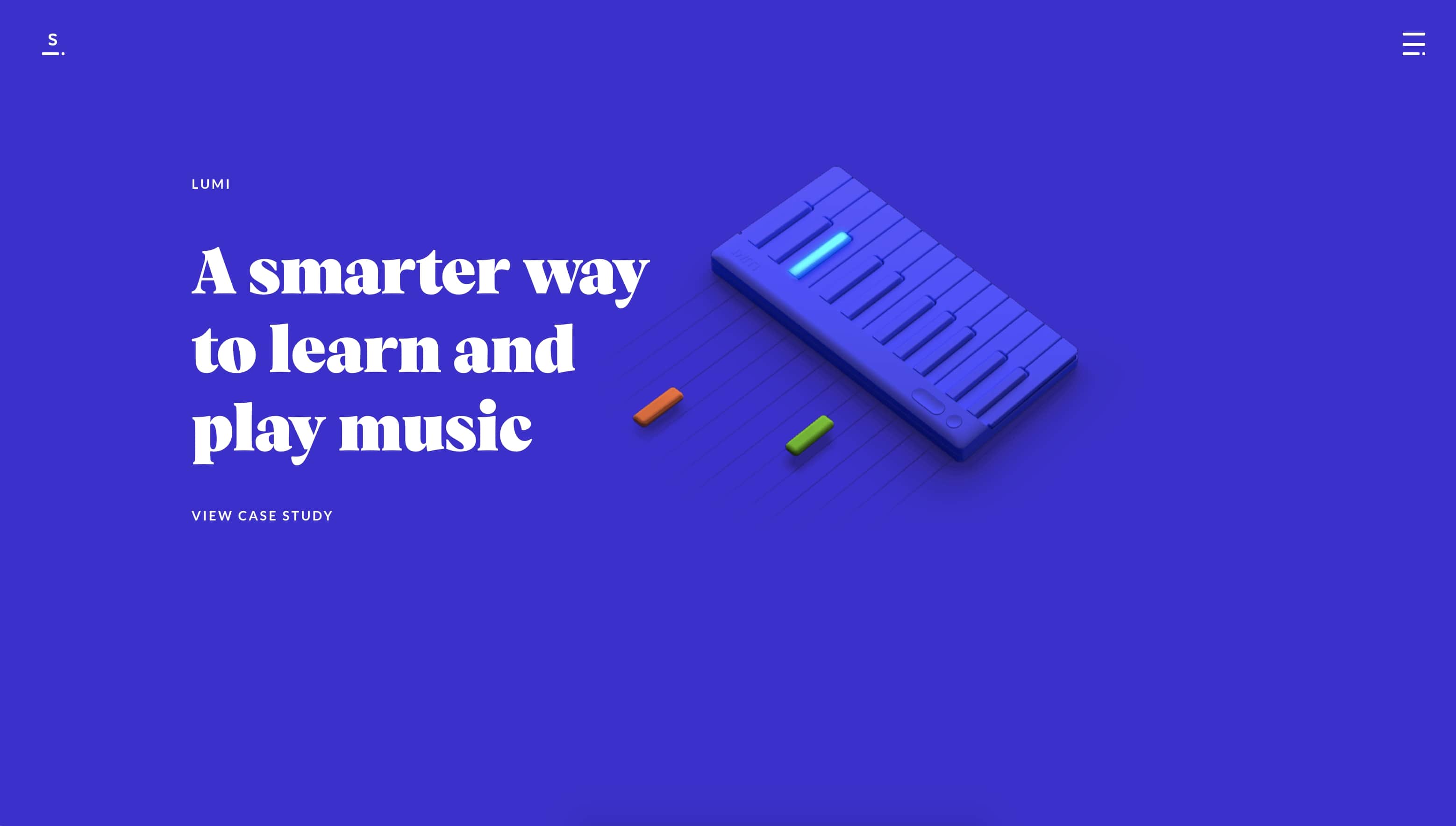 Sennep's home page hero features a 3D illustration of a blue piano.