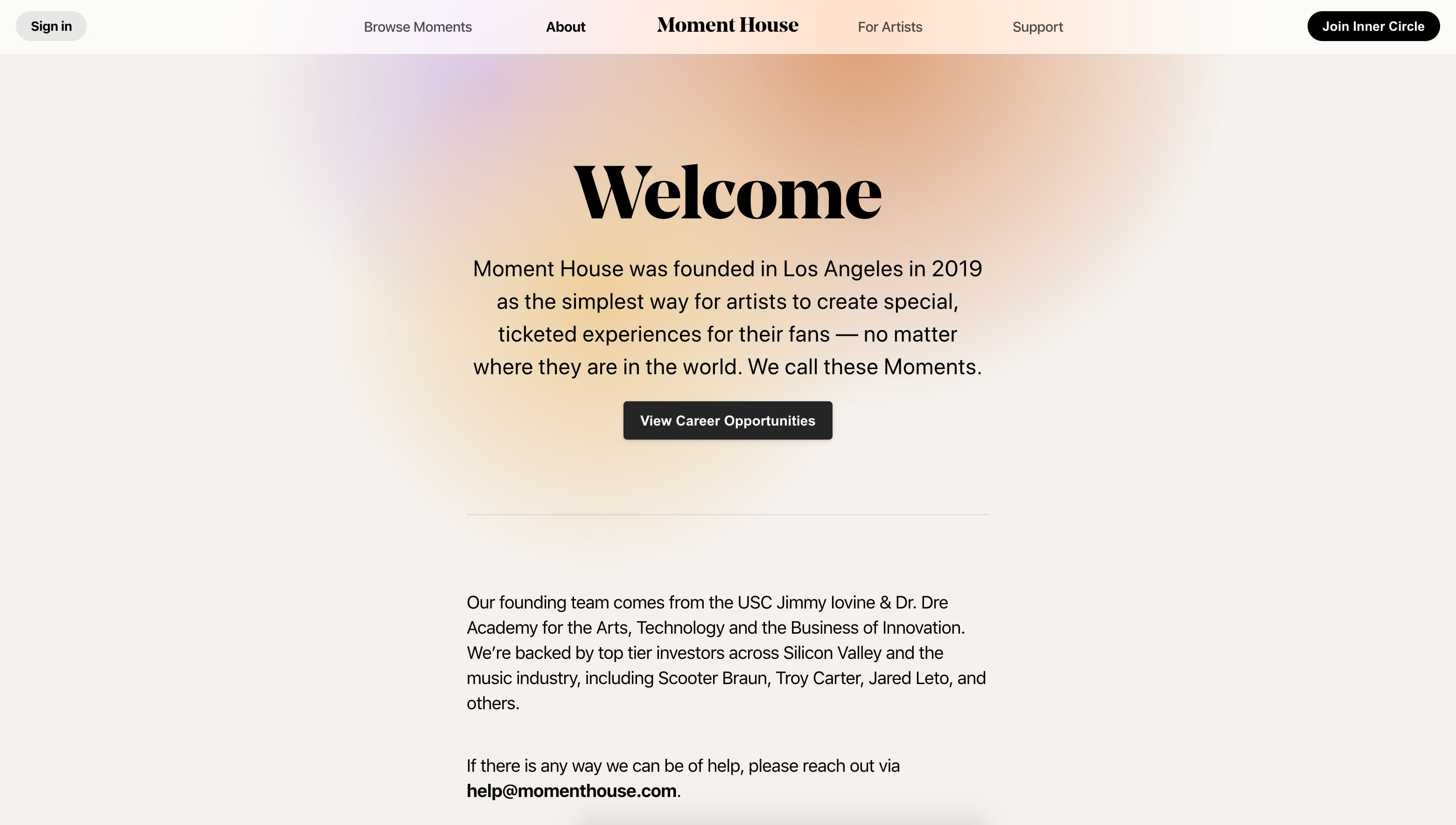 Moment House's hero features a pleasing purple, yellow and orange gaussian blur.