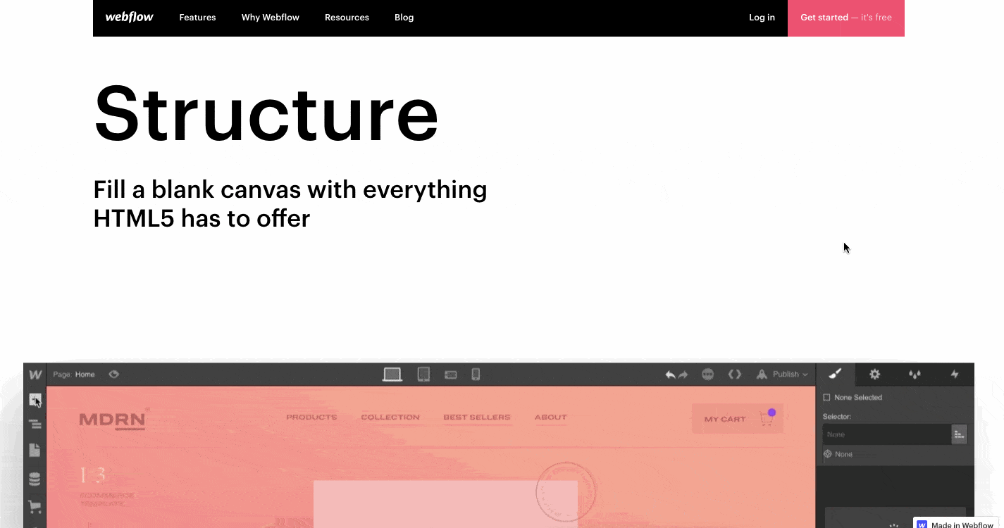 Webflow's Designer feature page applies horizontal scroll to a large image of the Webflow Designer to better show the details of the UI.