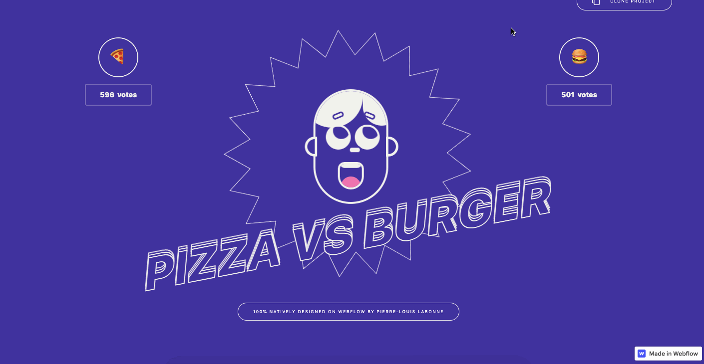 A gif showing off the mouse-triggered animations on the Pizza vs Burger site.