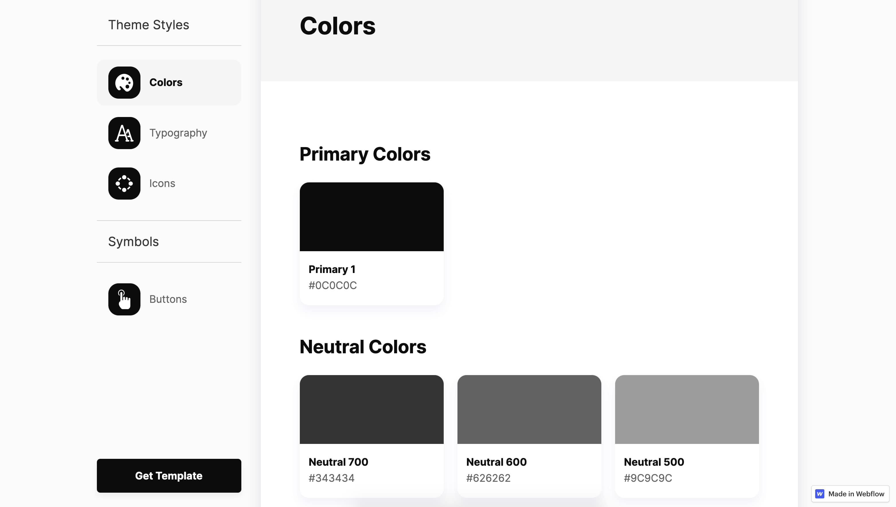 Saasly's style guide is made in Webflow and includes color swatches, typography, and icons.