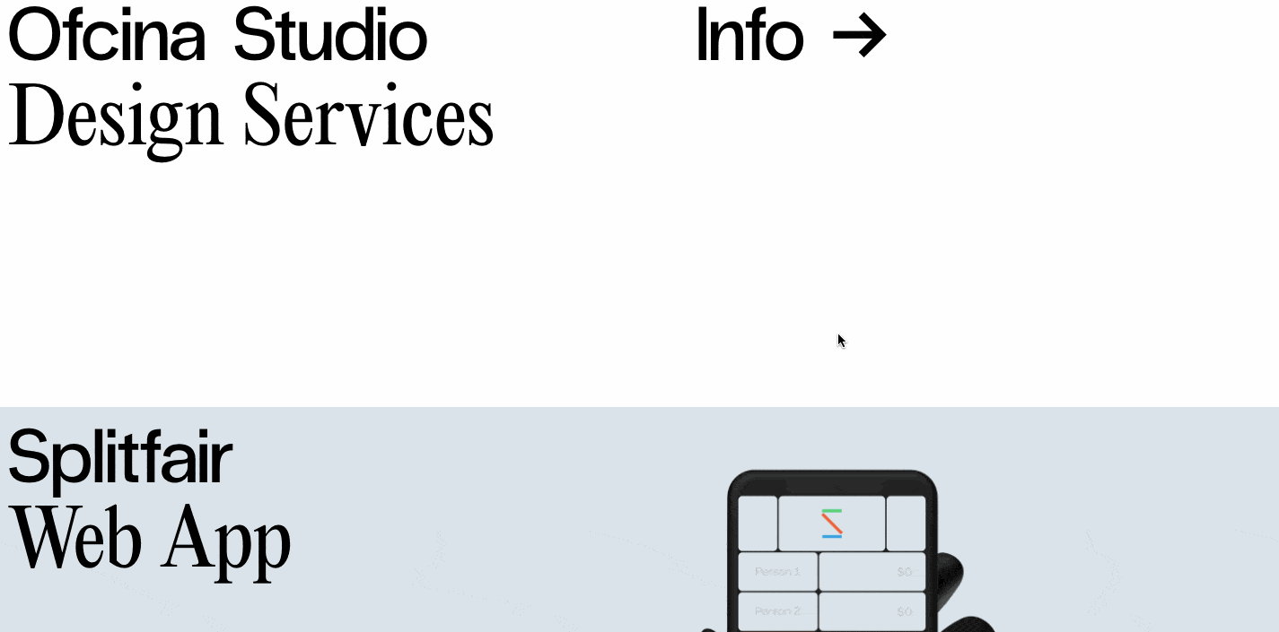 Ofcina's websiteuses large fields of color and a scrolling, stacking card effect.