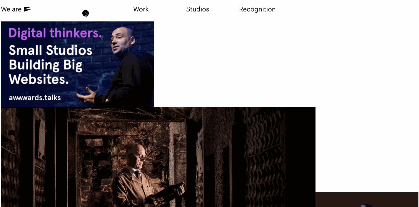 Buro's website uses a lot of negative space, and a large circular white cursor adds to the visual interest.