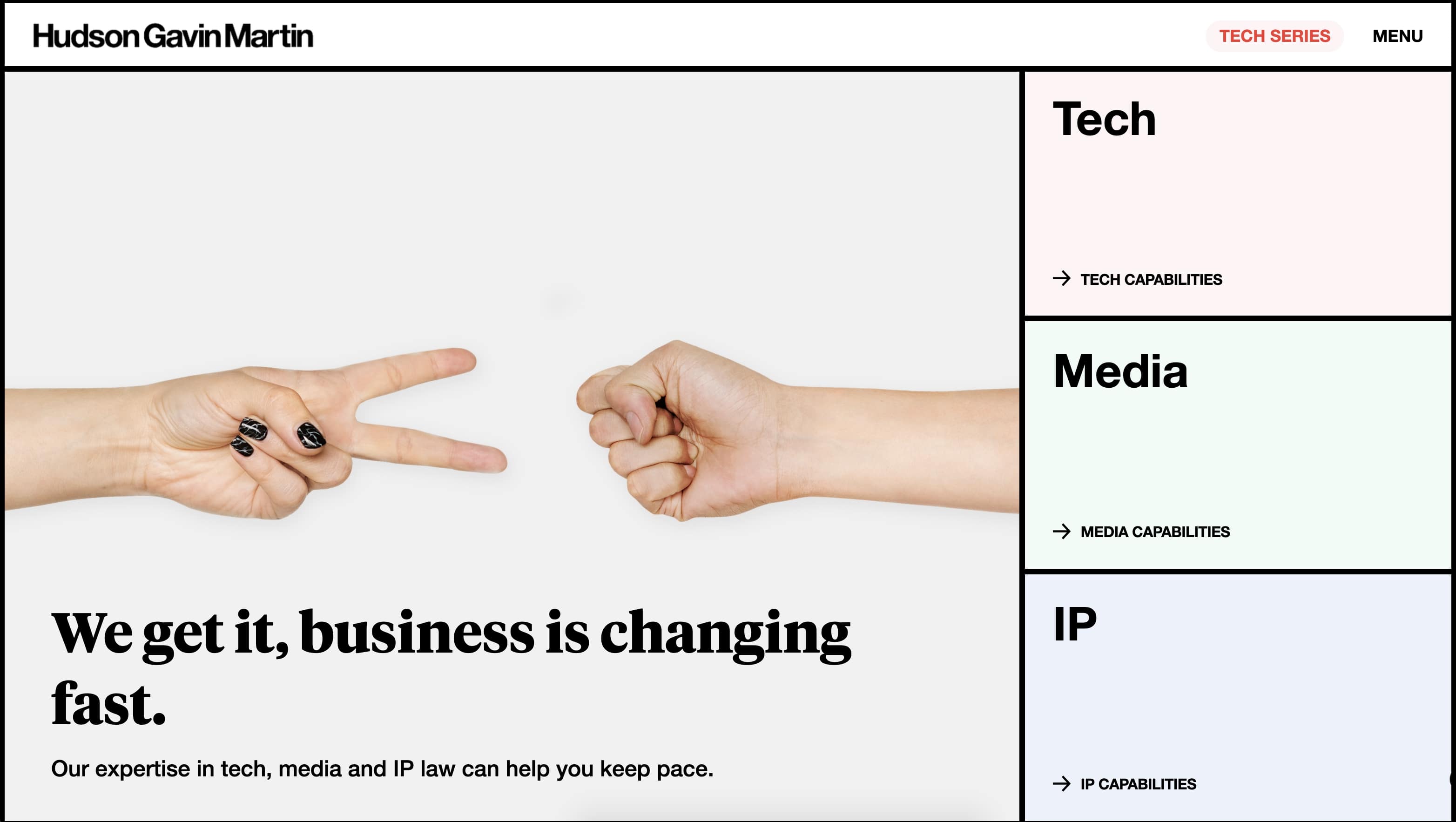 Hudson Gavin and Martin's website uses thick black strokes to separate different blocks of content.