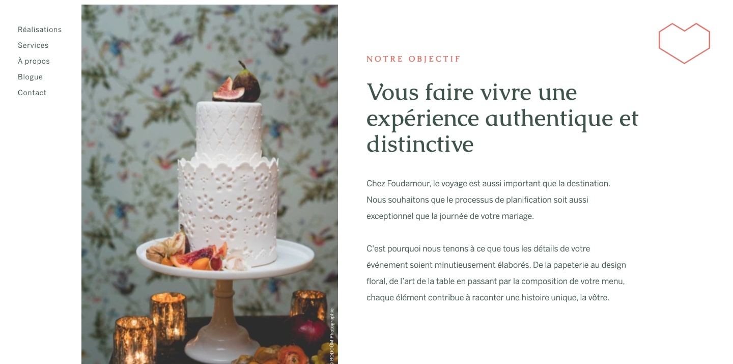 Foudamour's website features a large photo of a cake, reminiscent of a magazine layout.